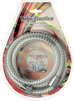 Шланг для душа MELODIA 1/2"*1/2"конус d14мм*150см Tubo Elastica, белое серебро блистер MS-10